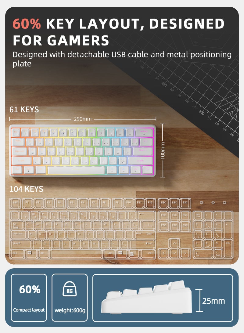 DuneVoyager Pc/Ps4 61 Keys Red Switch Mechanical Gaming Keyboard, With Arabic Language Gaming Keyboard, With Driver, Hot-Swappable, 16.8 Million Colors Backlit, 60% Mini , Removable Usb Wired, 525g Weight, All Keys Without Conflict Silent Rgb Color Suitable For Pc/Ps4/Xbox Gamers Mac - Image 4